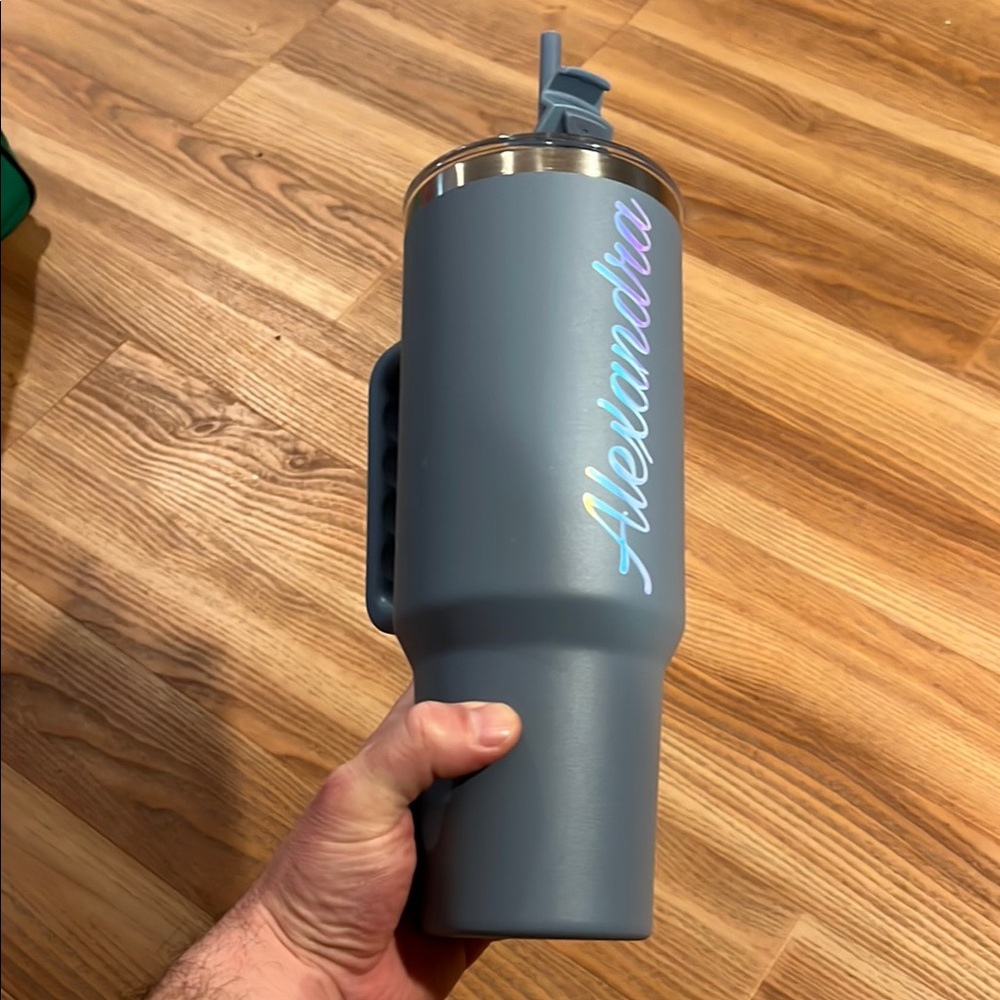 Personalized Gray Tumbler with Handle